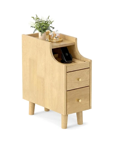 Gymax Narrow Nightstand Solid Wood End Table w/ Pull-out Tray and 2 Storage Drawers