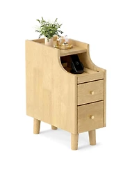 Gymax Narrow Nightstand Solid Wood End Table w/ Pull-out Tray and 2 Storage Drawers