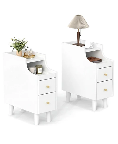 Gymax 2PCS Narrow Nightstand Solid Wood End Table w/Pull-out Tray and 2 Storage Drawers