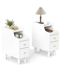 Gymax 2PCS Narrow Nightstand Solid Wood End Table w/Pull-out Tray and 2 Storage Drawers