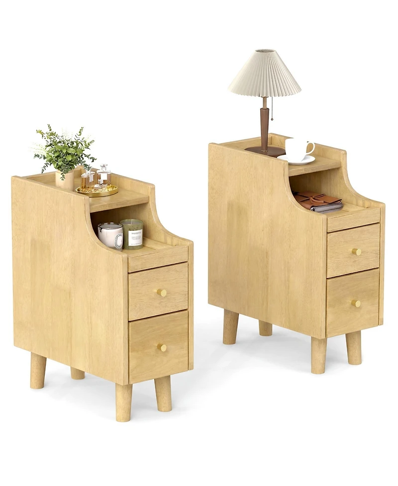 Gymax 2PCS Narrow Nightstand Solid Wood End Table w/Pull-out Tray and 2 Storage Drawers