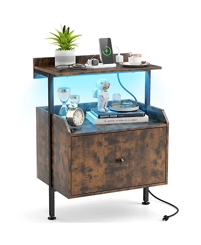 Gymax Nightstand Wall-mounted Bedside Table w/ Led Lights and Charging Station