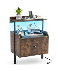 Gymax Nightstand Wall-mounted Bedside Table w/ Led Lights and Charging Station