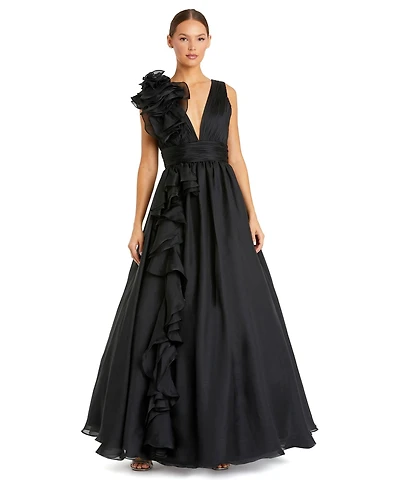 Mac Duggal Petite Ruffle Shoulder V-Neck A-Line Evening Gown