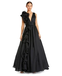 Mac Duggal Petite Ruffle Shoulder V-Neck A-Line Evening Gown