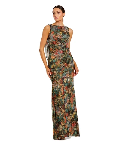 Mac Duggal Women's High Neck Printed Mesh Cowl Back Column Gown