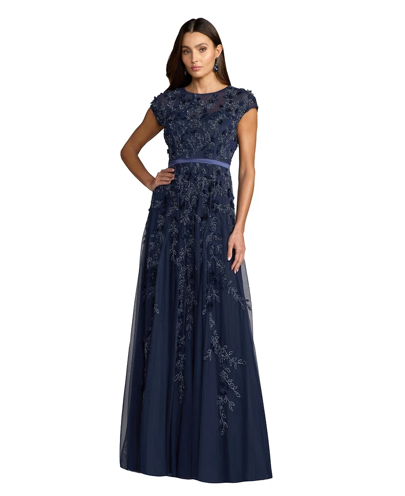 Mac Duggal Women's Floral Embellished Short Sleeve Mesh Gown