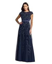 Mac Duggal Women's Floral Embellished Short Sleeve Mesh Gown