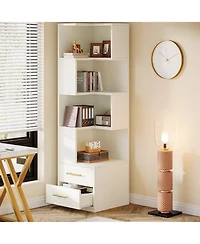 Slickblue Corner Bookcase with 5 Tier Storage Shelves and 2 Drawers