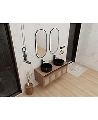 Sillysis Wall Mounted Double Bathroom Vanity, Modern Plywood Cabinet with Dual Vessel Ceramic Sinks, Open Storage Shelf