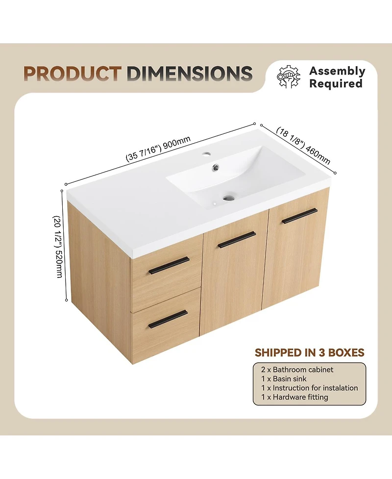 Sillysis 36 Inch Wall Mounted Bathroom Vanity with Drawers, Resin Sink, Soft Close Doors