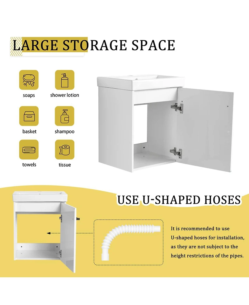 Sillysis Wall Mounted Bathroom Vanity with Ceramic Sink, Soft Close Door, Modern Floating Cabinet for Small Spaces