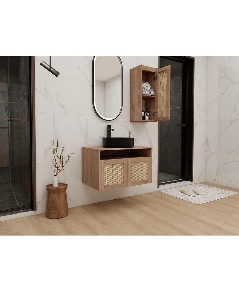 Sillysis Wall Mounted Bathroom Vanity Set, Modern Plywood Cabinet with Vessel Sink, Rotating Rattan Side Storage