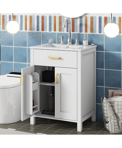 Thirtypeachy 24" Solid Wood Mdf Vanity Combo With Ceramic Sink, 2 Soft-Close Doors Dual-Tier Shelves,Gold Handles