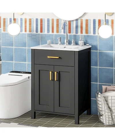 Thirtypeachy 24" Solid Wood Mdf Vanity Combo With Ceramic Sink, 2 Soft-Close Doors Dual-Tier Shelves,Gold Handles