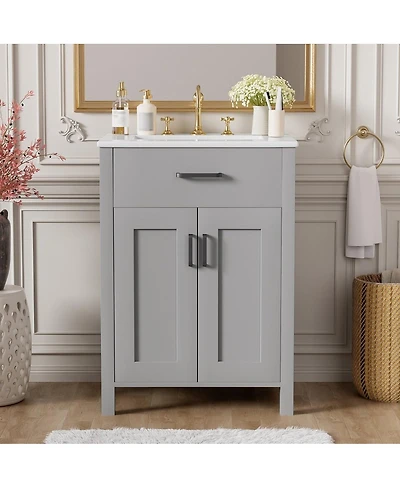 Thirtypeachy 24" Solid Wood Mdf Vanity Combo With Ceramic Sink, 2 Soft-Close Doors Dual-Tier Shelves,Gold Handles