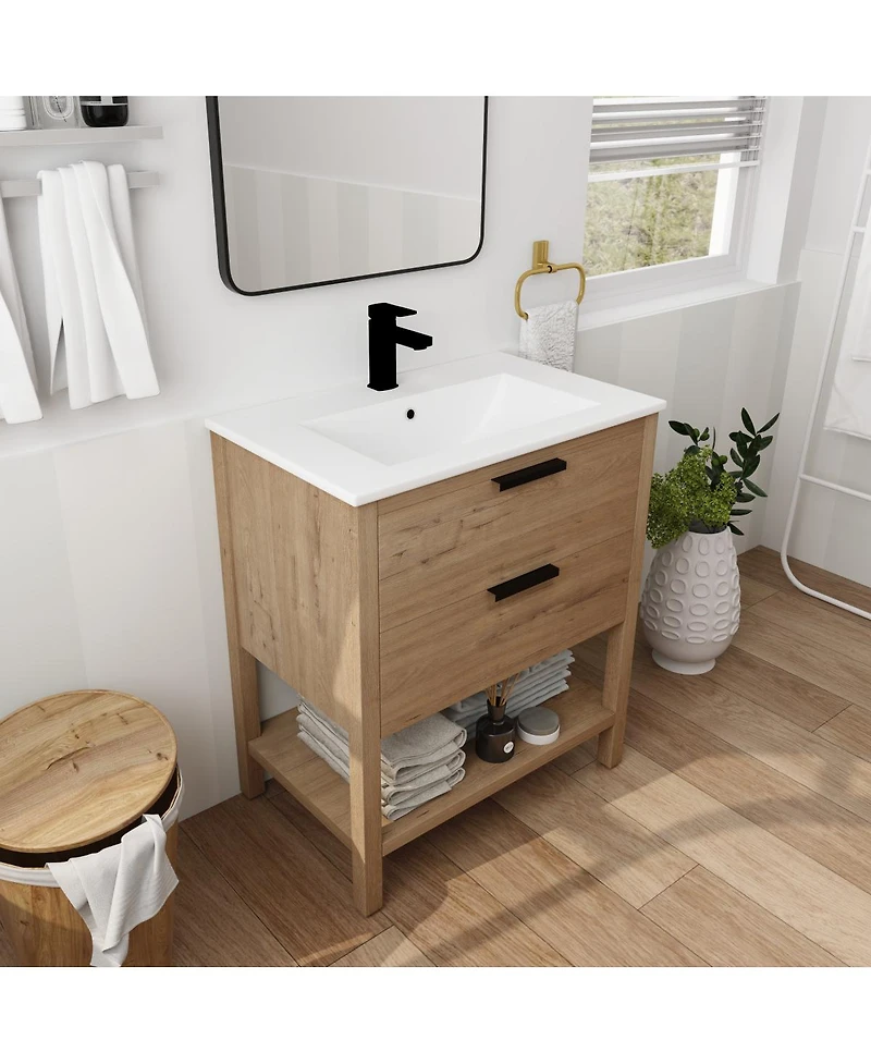 Sillysis Freestanding Bathroom Vanity with Ceramic Sink, Modern Soft Close Drawers, Open Storage Shelf, Plywood Base