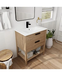Sillysis Freestanding Bathroom Vanity with Ceramic Sink, Modern Soft Close Drawers, Open Storage Shelf, Plywood Base