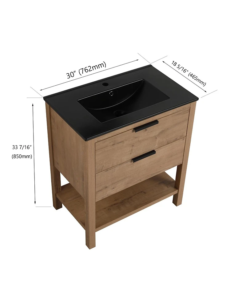 Sillysis Freestanding Bathroom Vanity with Ceramic Sink, Modern Soft Close Drawers, Open Storage Shelf, Plywood Base