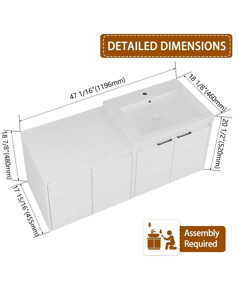 Sillysis 47 Inch Wall Mounted Bathroom Vanity with Resin Sink, Soft Close Doors, Water-Resistant Cabinet, Large Wall Storage