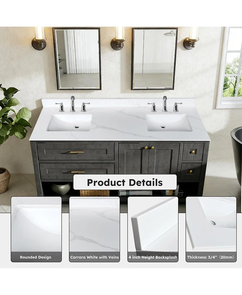 Sillysis 61 Inch Double Sink Quartz Bathroom Vanity Top with Undermount Sinks, Carrara Marble Look, 4" Backsplash, Stain and Heat Resistant