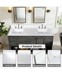 Sillysis 61 Inch Double Sink Quartz Bathroom Vanity Top with Undermount Sinks, Carrara Marble Look, 4" Backsplash, Stain and Heat Resistant