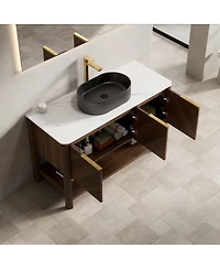Sillysis Modern Bathroom Vanity with Vessel Sink, Sintered Stone Countertop, Soft Close Solid Wood 3D Doors