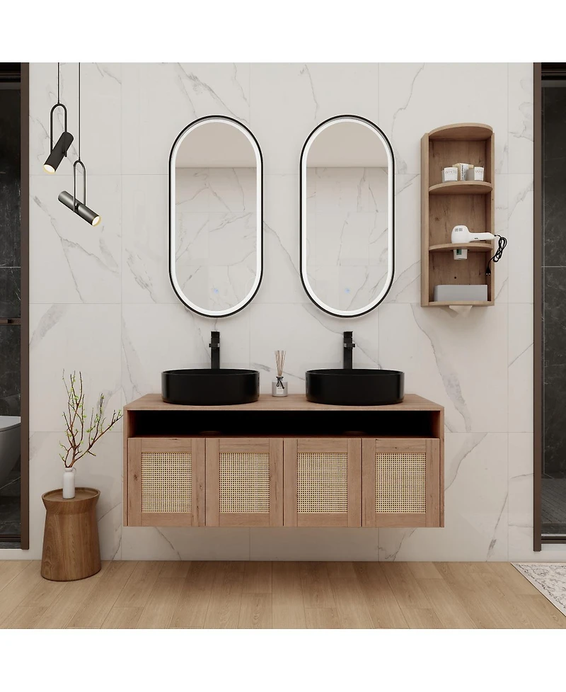 Sillysis Wall Mounted Double Bathroom Vanity Set, Modern Plywood Cabinet, Dual Vessel Ceramic Sinks, Open Storage Rack