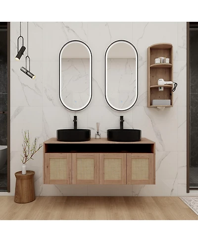 Sillysis Wall Mounted Double Bathroom Vanity Set, Modern Plywood Cabinet, Dual Vessel Ceramic Sinks, Open Storage Rack