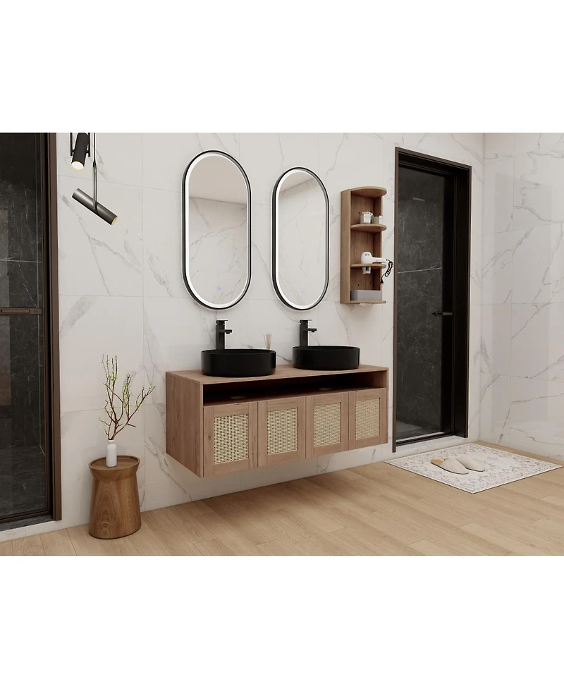 Sillysis Wall Mounted Double Bathroom Vanity Set, Modern Plywood Cabinet, Dual Vessel Ceramic Sinks, Open Storage Rack
