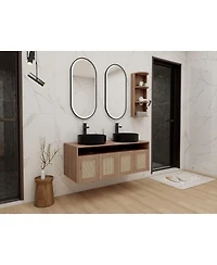 Sillysis Wall Mounted Double Bathroom Vanity Set, Modern Plywood Cabinet, Dual Vessel Ceramic Sinks, Open Storage Rack