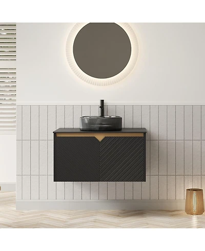Sillysis Wall Mounted Bathroom Vanity with Glass Basin, Sintered Stone Top, Soft Close Door