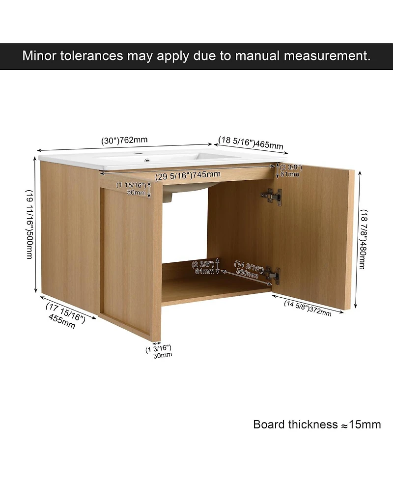 Sillysis Modern Wall Mounted Bathroom Vanity with Ceramic Sink, Soft Close Doors