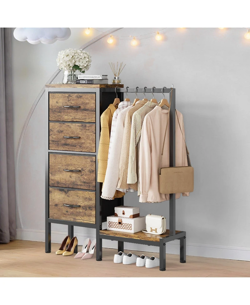 homfan Heavy Duty 4-Drawer Fabric Dresser with Hanging Rail - Multi-Functional Storage Organizer Shelf Metal Frame, Anti-Tip Safety