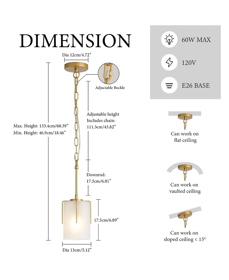 Midola Modern Pendant Light with Frosted Glass Shade, Adjustable Height, Compatible with Flat/Vaulted/Curved Ceilings, E26 Base (Max 60W) for Home
