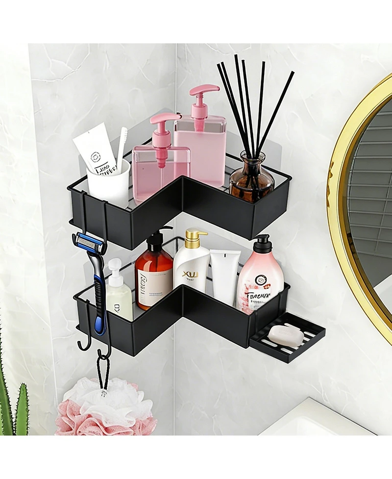 Midola 2-Pack Drill-Free Adhesive Corner Shower Caddy Organizer with Soap Holder and 4 Hooks for Bathroom