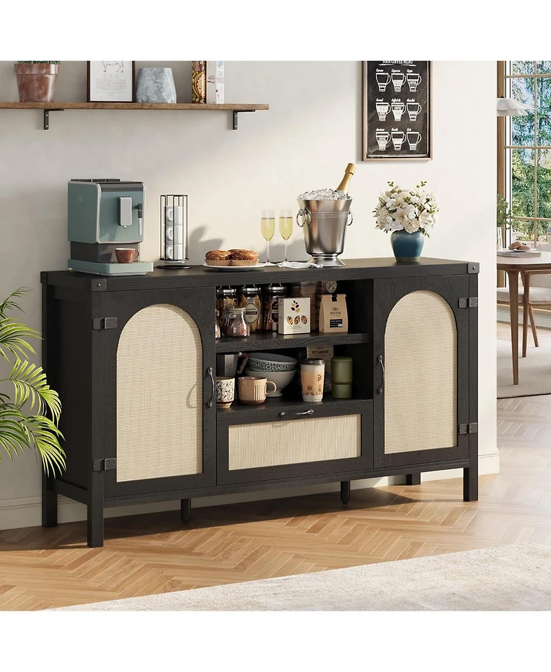 homfan Boho Rattan Sideboard Cabinet with Storage Buffet Cabinet with Drawers, Farmhouse Coffee Bar for Living Room, Kitchen, Entryway