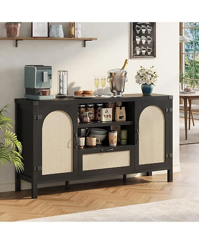 homfan Boho Rattan Sideboard Cabinet with Storage Buffet Cabinet with Drawers, Farmhouse Coffee Bar for Living Room, Kitchen, Entryway