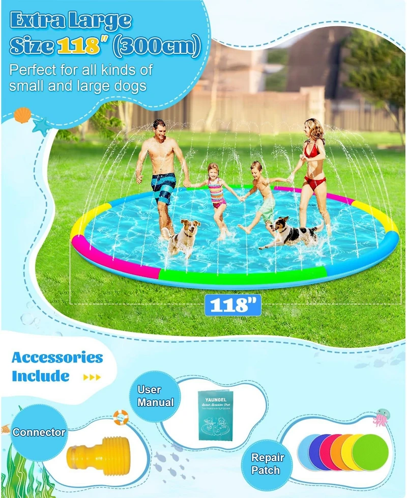 Aofar 118" Splash Pad Sprinkler Pool Outdoor Play Mat Pets Adults