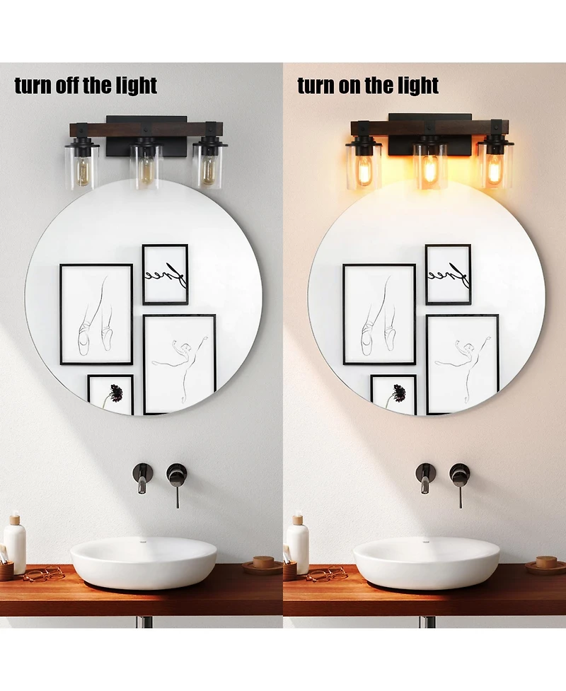 Midola 19" Rustic 3-Light Vanity Light, Industrial Bathroom Wall Sconce with Glass Shades and Wood Accent, Modern Farmhouse Lighting Fixture
