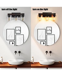 Midola 19" Rustic 3-Light Vanity Light, Industrial Bathroom Wall Sconce with Glass Shades and Wood Accent, Modern Farmhouse Lighting Fixture