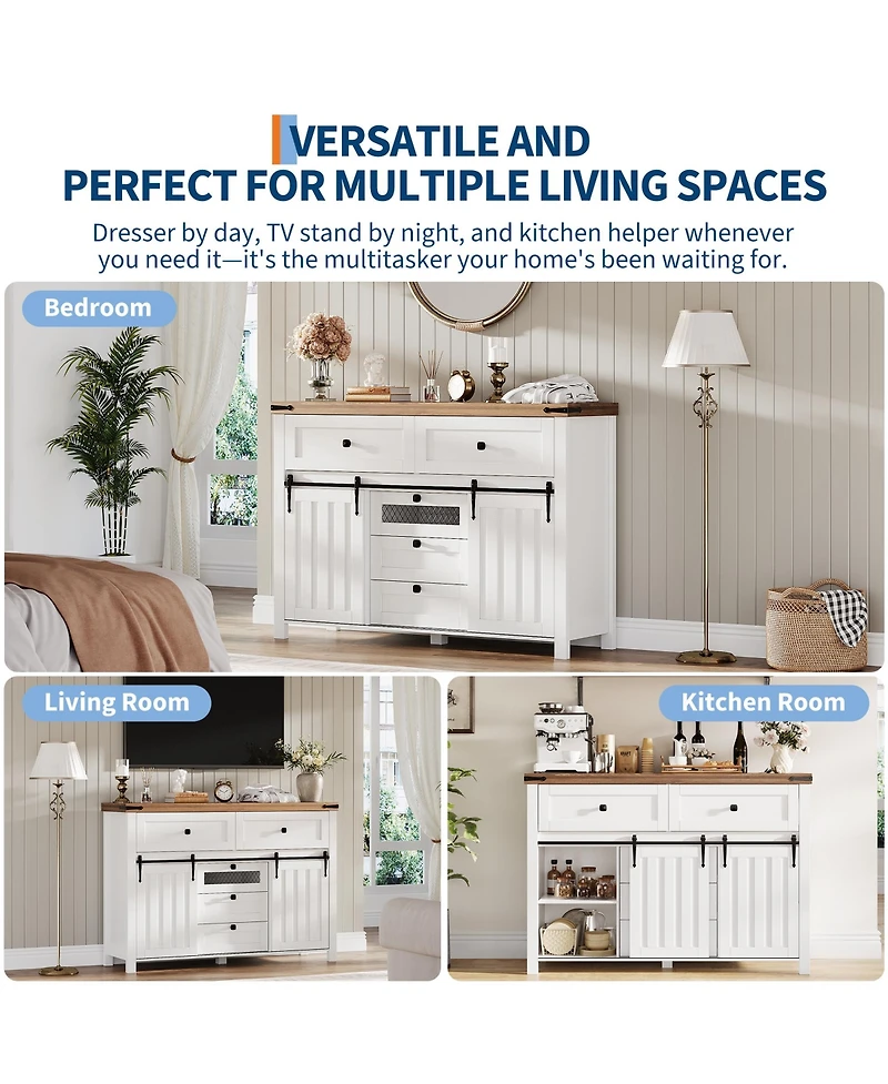 homfan Barn Door Storage Cabinet with 5 Drawers, Farmhouse Accent Cabinet with Shelves for Living Room Entryway Dining Room