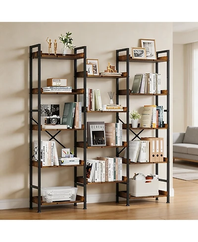 homfan 14-Tier Rustic Open Bookshelf, Carbon Steel Frame Storage Organizer with Side Guard Rails and Anti-Tilt Design,Easy Assembly Home Display Shelf