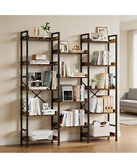 homfan 14-Tier Rustic Open Bookshelf, Carbon Steel Frame Storage Organizer with Side Guard Rails and Anti-Tilt Design,Easy Assembly Home Display Shelf