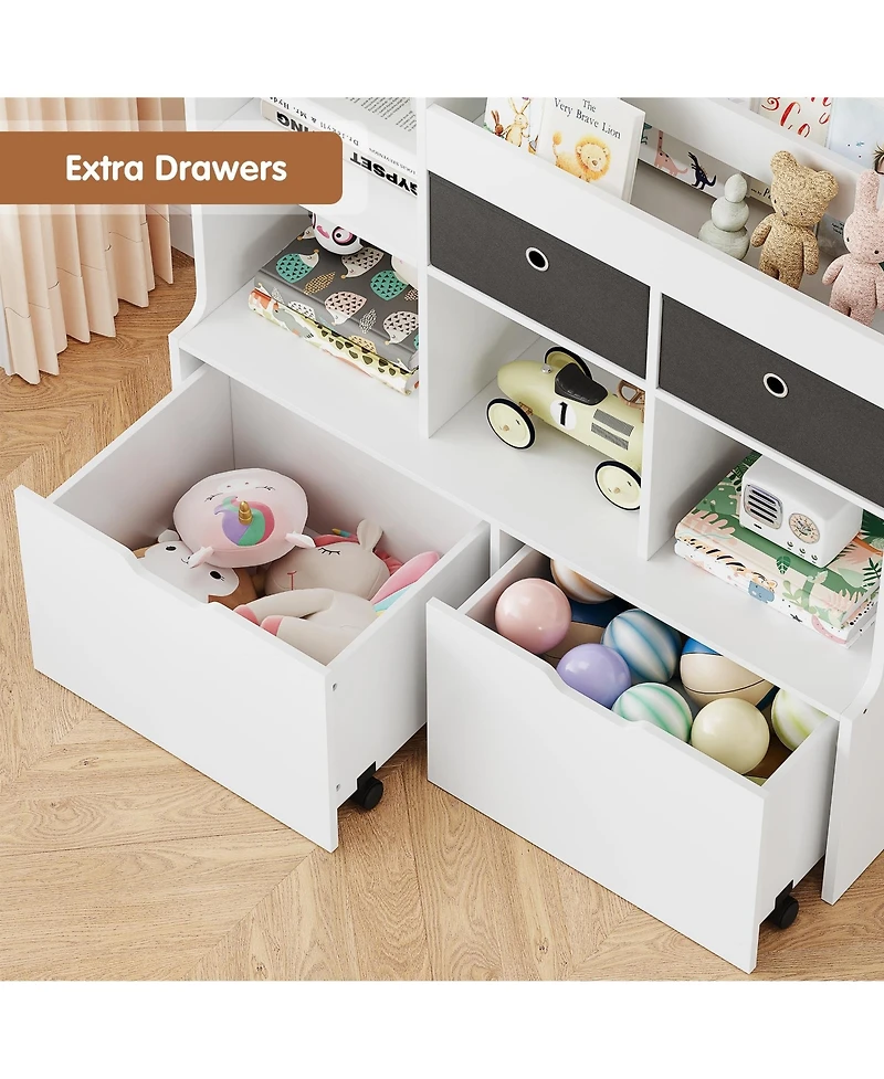 homfan Spacious Kids Wooden Bookshelf with 4 Drawers - 47.8 Inch Modern Bookcase with Cubbies - Toy Storage Organizer and Display Cabinet