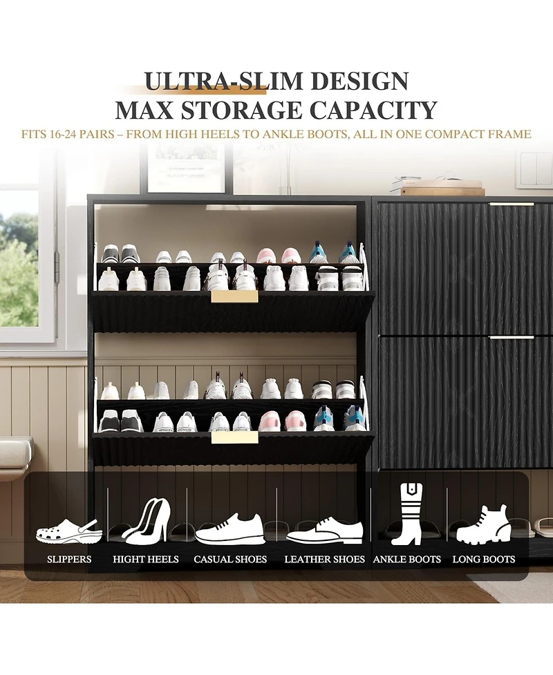 homfan Fluted Shoe Cabinet for Entryway with 2 Flip Drawers, Narrow Shoe Rack with Open Storage and Adjustable Shelf, 29.9"W x 9.4"D x 40"H