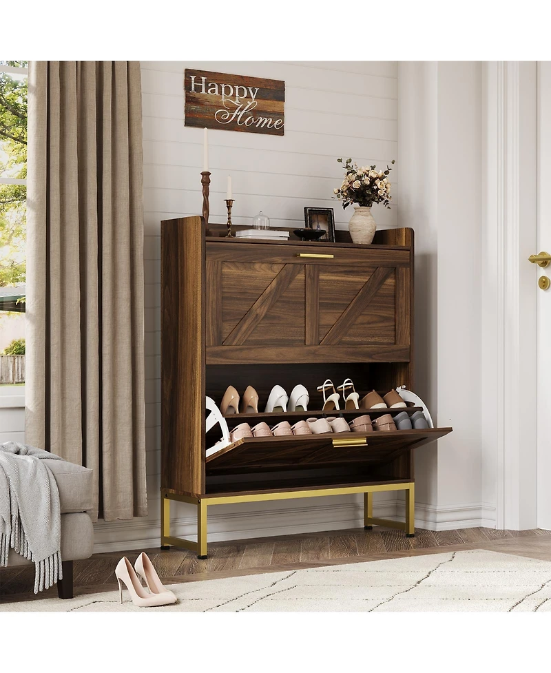 homfan Narrow Shoe Cabinet for Entryway with 2 Flip Drawers, Adjustable Shelves, Dustproof Back Panel