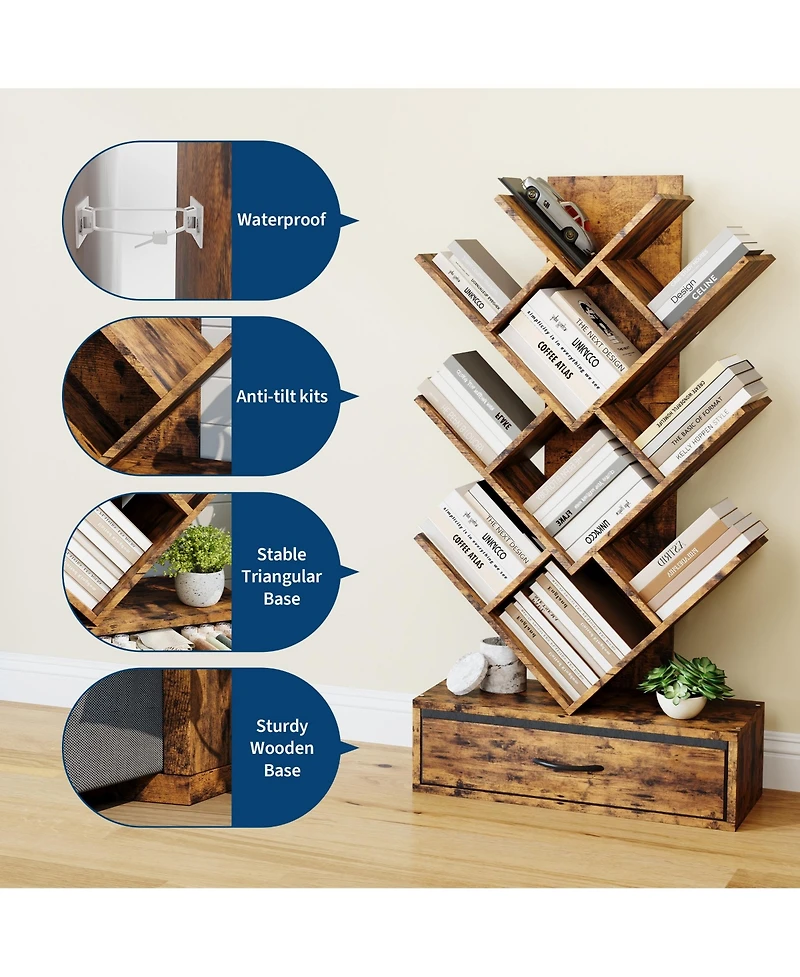 Gaomon Tree Bookshelf with Led Lights, 7-Tier Bookcase with Fabric Drawer, Narrow Industrial Floor Standing Storage Rack for Small Spaces