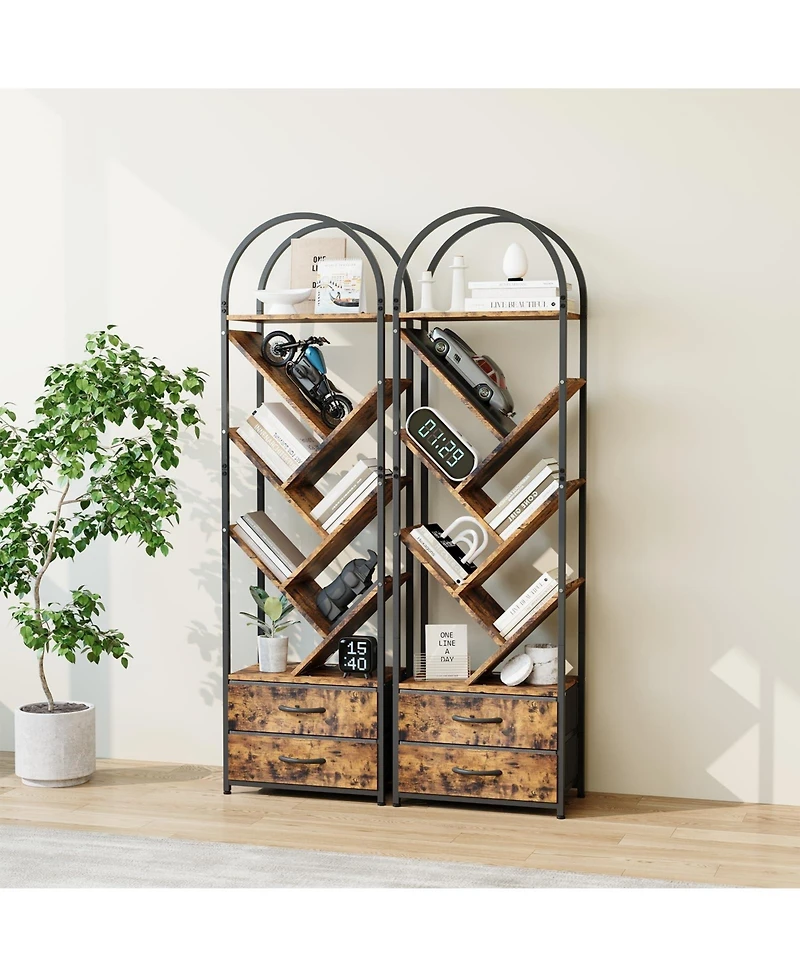 Gaomon Tree Bookshelf with 2 Fabric Drawers, 6-Tier Tall Narrow Bookcase for Small Spaces, Industrial Book Shelf Organizer for Bedroom Living Room