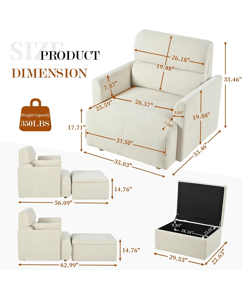 Rainsken Modern Oversized Accent Chair, Comfy Upholstered Armchair with Storage Ottoman and Side Pillows for Living Room, Reading Nook
